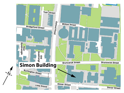 Map showing the position of the Simon Building on campus.