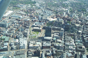Central Manchester viewed from the Cessna aircraft during a flight for the Cityflux project.