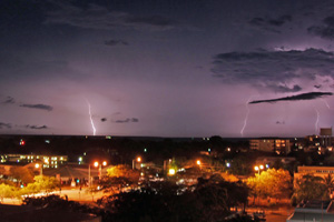 Lightning produced by a deep convective storm system just off the coast of Darwin. The ACTIVE project flew through the decaying anvil cirrus left behind by this system the following day