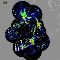 Pilot flight of 3/11/09: path of FAAM aircraft overlaid on NIMROD rain radar image