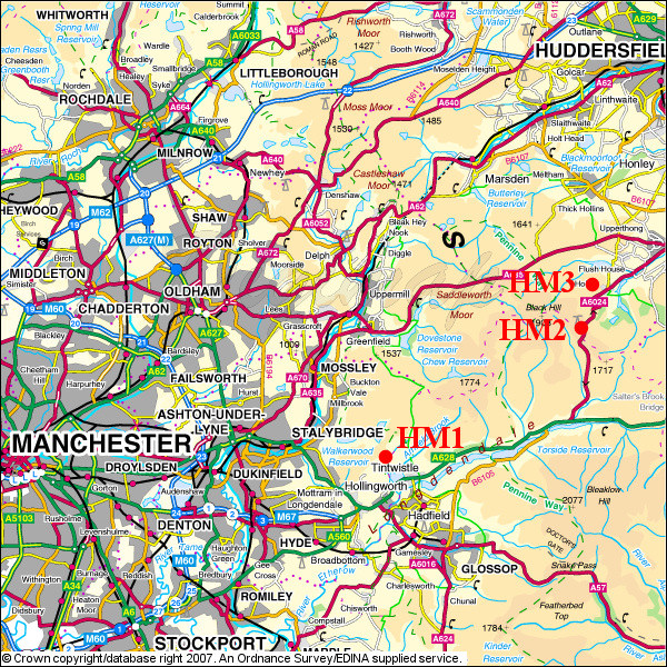 Map showing the location of Holme Moss measurement sites