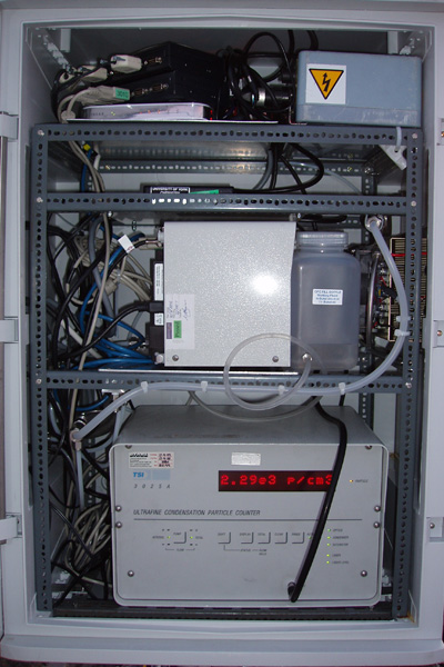 Two CPC’s and other equipment for turbulent flux measurements in a mast mounted box during the RHaMBLe Roscoff project. The CPC’s are a TSI 3010 (middle sideways on) and a TSI 3025 (bottom).