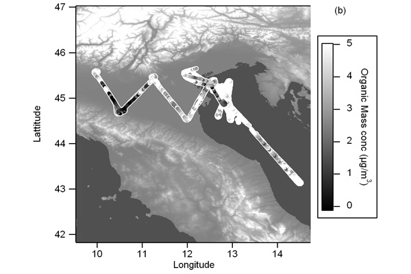 Organic mass concentrations in the Po Valley, Italy, measured during ADRIEX (Crosier et al., Chemical composition of summertime aerosol in the Po Valley (Italy), Northern Adriatic and Black Sea, Q. J. Royal Met. Soc. in press).