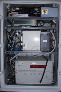 Two CPC's and other equipment for turbulent flux measurements in a mast mounted box during the RHaMBLe Roscoff project. The CPC's are a TSI 3010 (middle sideways on) and a TSI 3025 (bottom).