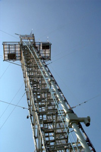 The full 20m aerosol inlet system installed on a tower during the NAMBLEX project at MACE Head.