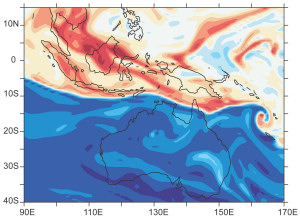 Atmospheric Chemical Transport Model of the Chemical Equator during ACTIVE. Produced by Glenn Carver, Cambridge University. Colours indicate the carbon monoxide concentrations on 30 January 2006. Essentially Red – polluted air and blue clean air. 