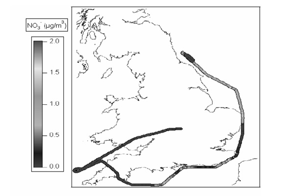 Fig 2. A comparison between modelled and measured submicron nitrate concentration.