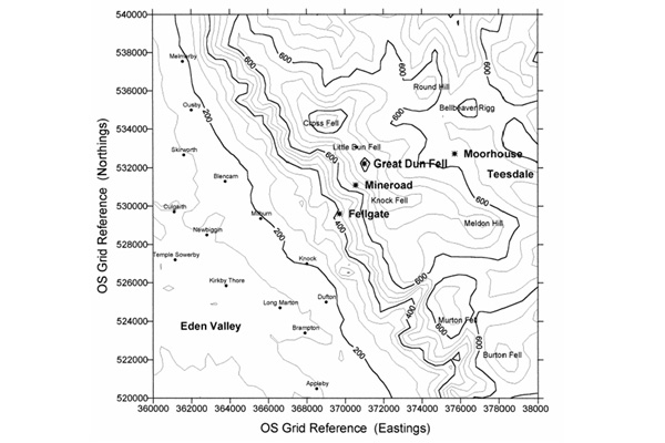 Map showing the location of measurement sites used for the Great Dun Fell cloud experiments. In this location cloud forms on the top of the Pennine ridge, so upwind and downwind sites do not need to be directly in line to measure changes due to cloud processing provided there are no strong local sources of aerosol.