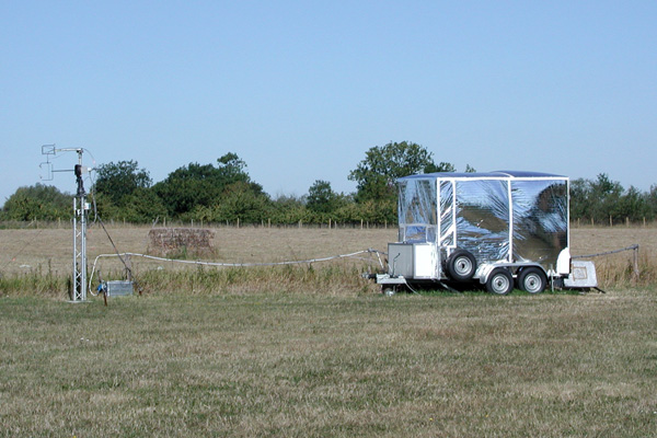 Fig 4. An eddy correlation flux system incorporating the QCLAS (housed in the container) making measurements of ammonia fluxes over a field during the TORCH experiment in Essex.