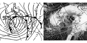 Synoptic Situation at 00 UT 27th October 2002 (left) and Infra-red satellite image at 03 UT showing the system's characteristic cloud head hooking back around the system's central depression.